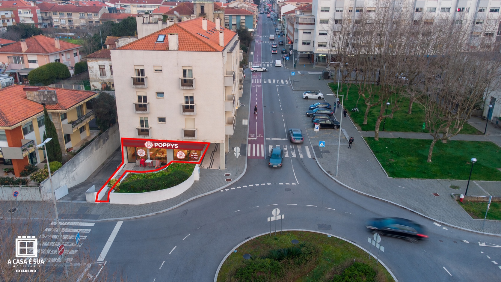 Estudo visual POPPYS para um imóvel em Espinho; ver legenda para o tipo de vista e os limites