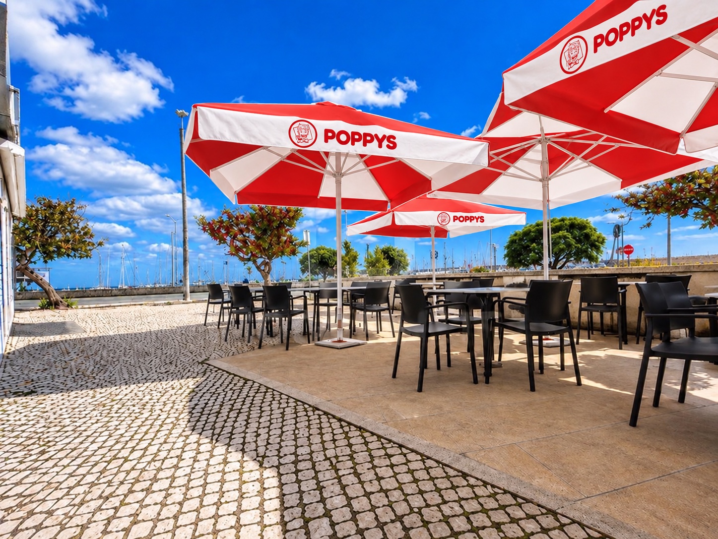 Simulação POPPYS para o imóvel Largo do Carvão, 5 · restaurante com esplanada junto ao rio, Figueira da Foz; não representa loja construída