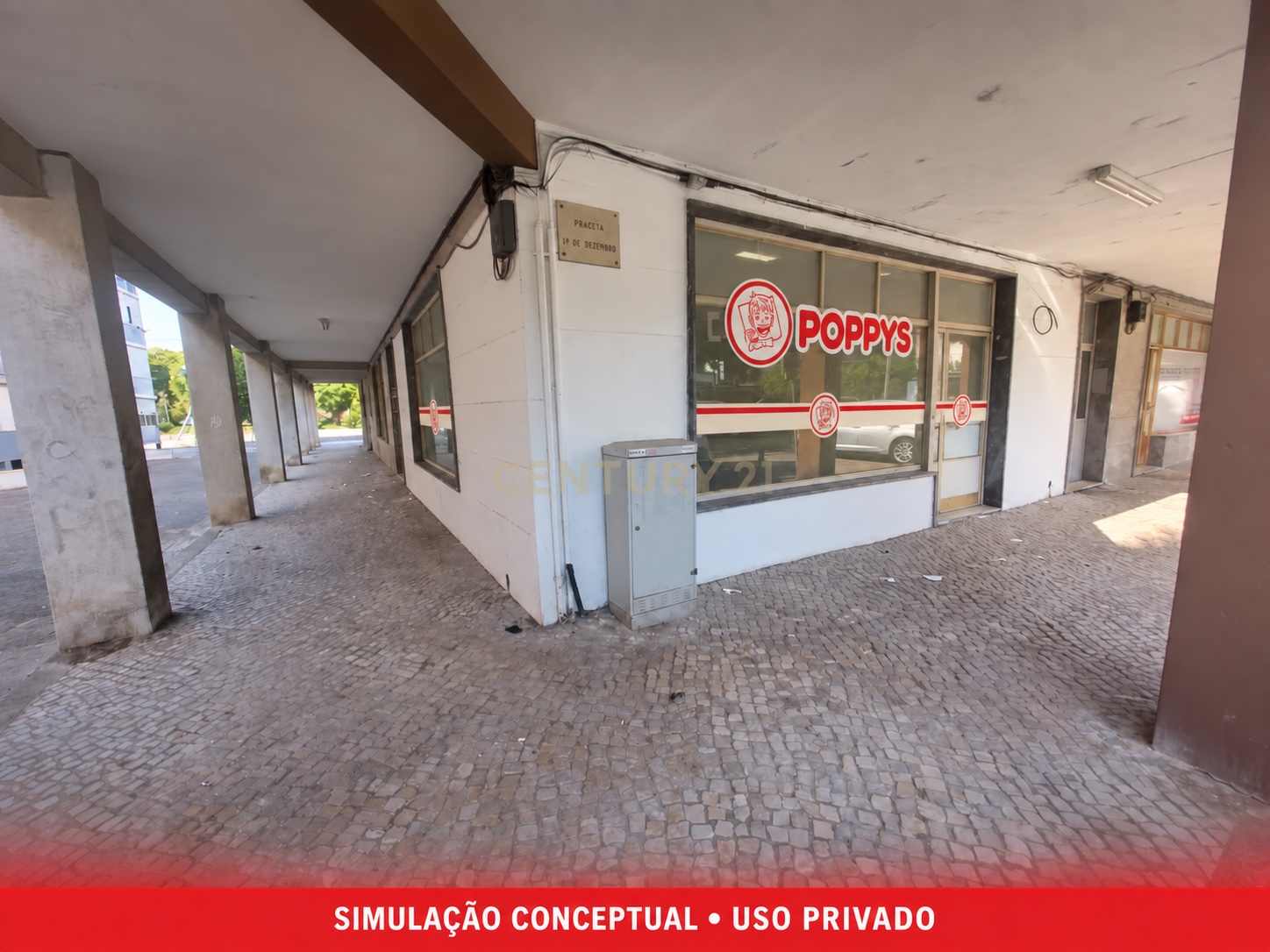 Simulação POPPYS para o imóvel Praceta Primeiro de Dezembro · loja de esquina sob arcada, Moita; não representa loja construída