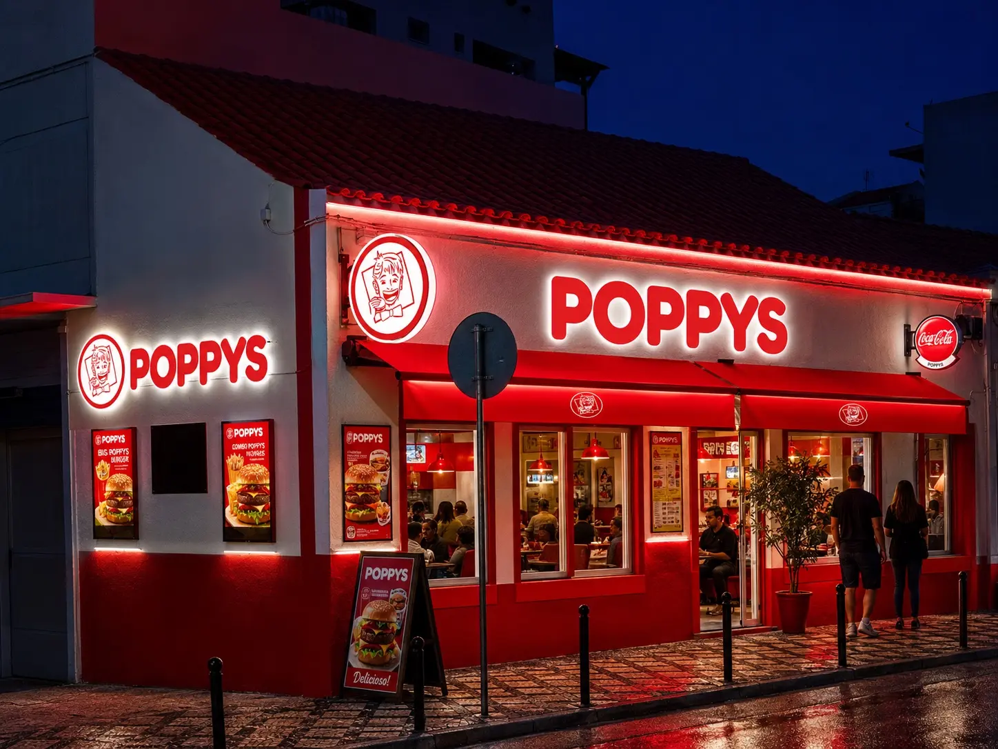 Unidade POPPYS iluminada à noite com clientes